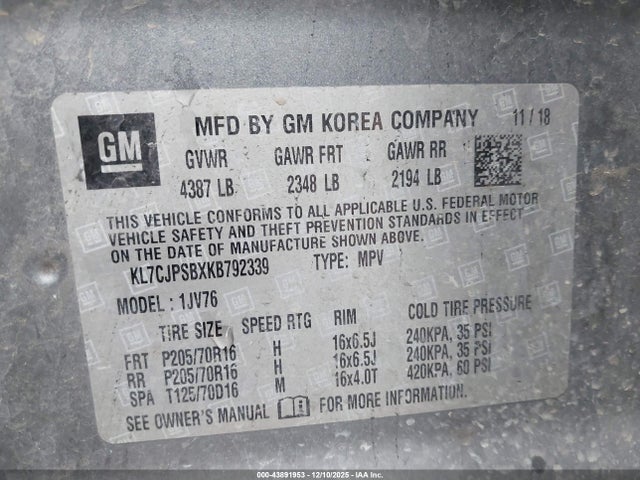 KL7CJPSBXKB792339 Chevrolet Trax Lt