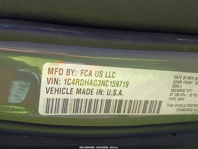 Продажа на аукционе авто 2022 Dodge Durango Sxt Rwd, vin: 1C4RDHAG3NC159719, номер лота: 43891958