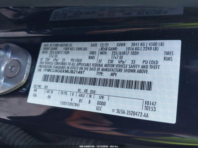 2021 FORD ESCAPE 1FMCU9G6XMUB21497 Photo 8