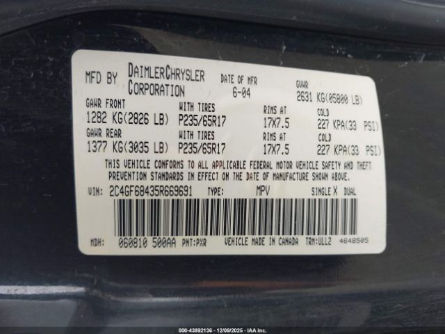 2005 CHRYSLER PACIFICA 2C4GF68435R669691 Photo 8