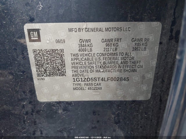 43892160 :رقم المزاد ، 1G1ZD5ST4LF002845 vin ، 2020 Chevrolet Malibu Fwd Lt مزاد بيع