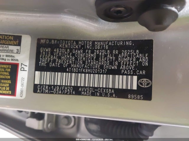 Продаж на аукціоні авто 2017 Toyota Camry Hybrid Se, vin: 4T1BD1FK8HU201317, номер лоту: 43892186