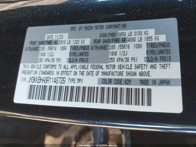 2024 Mazda Cx-90 Phev Preferred მანქანა იყიდება აუქციონზე, vin: JM3KKBHA8R1148729, აუქციონის ნომერი: 43892211