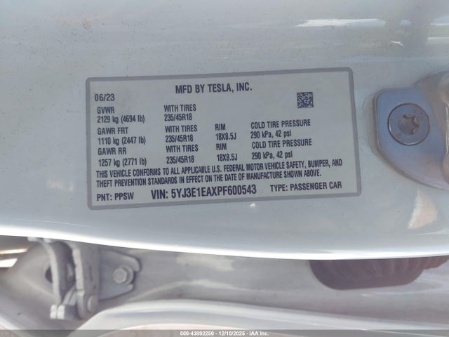 Aukcja sprzedaży 2023 Tesla Model 3 Rear-wheel Drive, vin: 5YJ3E1EAXPF600543, numer aukcji: 43892250