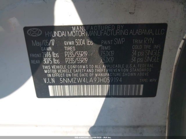 2018 Hyundai Santa Fe Sport 2.0t Ultimate მანქანა იყიდება აუქციონზე, vin: 5NMZW4LA9JH059194, აუქციონის ნომერი: 43892300