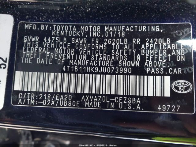 2018 TOYOTA CAMRY 4T1B11HK9JU073990 Photo 8