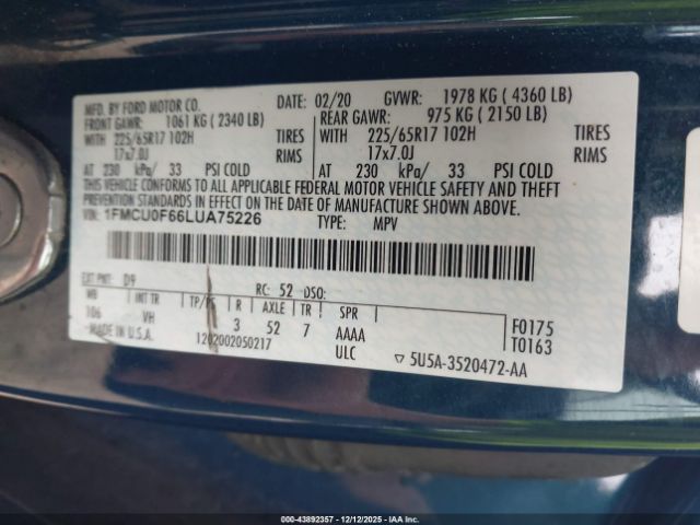 2020 FORD ESCAPE 1FMCU0F66LUA75226 Photo 8