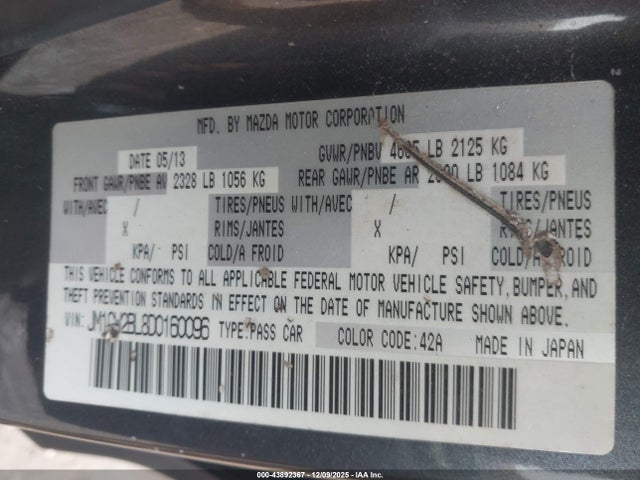 43892367 :رقم المزاد ، JM1CW2BL8D0160096 vin ، 2013 Mazda Mazda5 Sport مزاد بيع