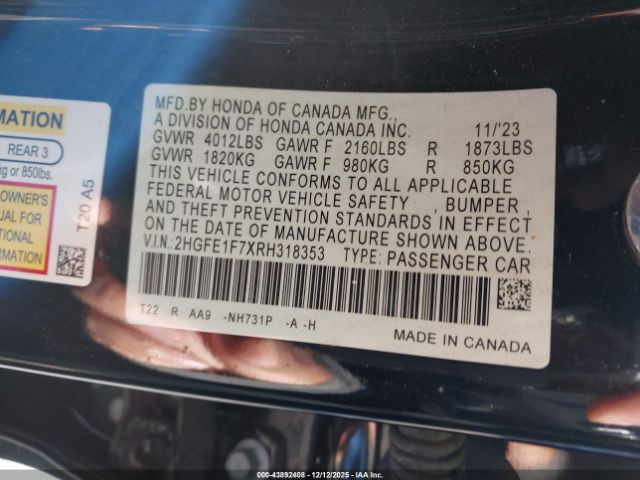 2024 HONDA CIVIC 2HGFE1F7XRH318353 Photo 8