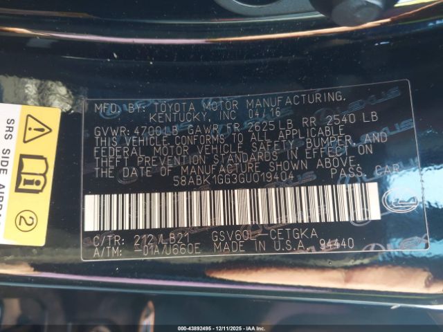 2016 LEXUS ES 350 58ABK1GG3GU019404 Photo 8