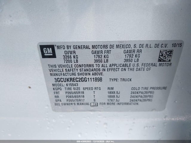 3GCUKREC2GG111898 Chevrolet Silverado 1500 2lt