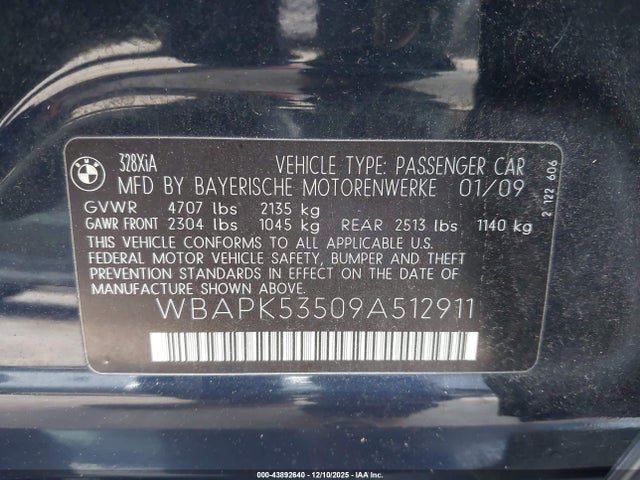 43892640 :رقم المزاد ، WBAPK53509A512911 vin ، 2009 Bmw 328i Xdrive مزاد بيع