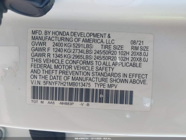 2021 HONDA PASSPORT 5FNYF7H21MB013475 Photo 8