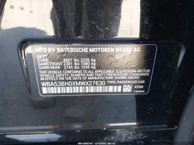 Продаж на аукціоні авто 2021 Bmw 530i, vin: WBA53BH0XMWX27630, номер лоту: 43892784