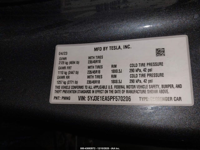 Auction sale of the 2023 Tesla Model 3 Rear-wheel Drive, vin: 5YJ3E1EA5PF570206, lot number: 43892872