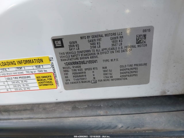 43892883 :رقم المزاد ، 1GKKRRKD9GJ165041 vin ، 2016 Gmc Acadia Slt-1 مزاد بيع