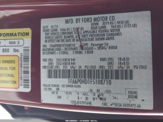 2015 FORD FUSION 1FA6P0HD1F5108710 Photo 8