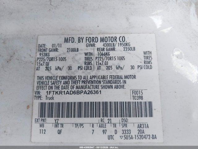 Aukcja sprzedaży 2011 Ford Ranger Xl, vin: 1FTKR1AD6BPA26361, numer aukcji: 43892947