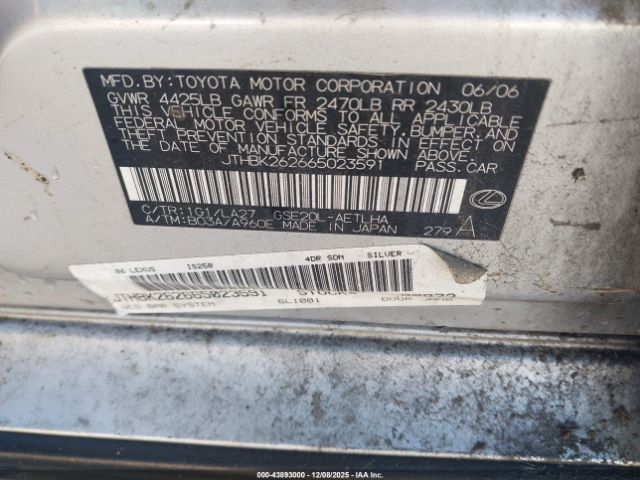 2006 LEXUS IS 250 JTHBK262665023591 Photo 8