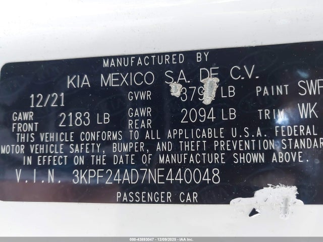 3KPF24AD7NE440048 KIA Forte Lxs
