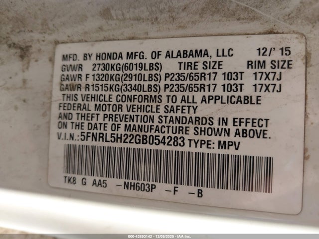 5FNRL5H22GB054283 Honda ODYSSEY LX