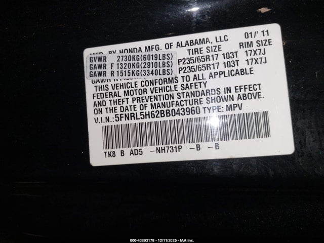 2011 Honda Odyssey Ex-l მანქანა იყიდება აუქციონზე, vin: 5FNRL5H62BB043960, აუქციონის ნომერი: 43893178