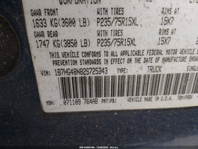 Aukcja sprzedaży 2002 Dodge Dakota Slt, vin: 1B7HG48N82S725343, numer aukcji: 43893186
