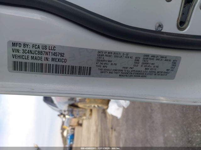 2022 Jeep Compass Latitude Fwd მანქანა იყიდება აუქციონზე, vin: 3C4NJCBB7NT145792, აუქციონის ნომერი: 43893201