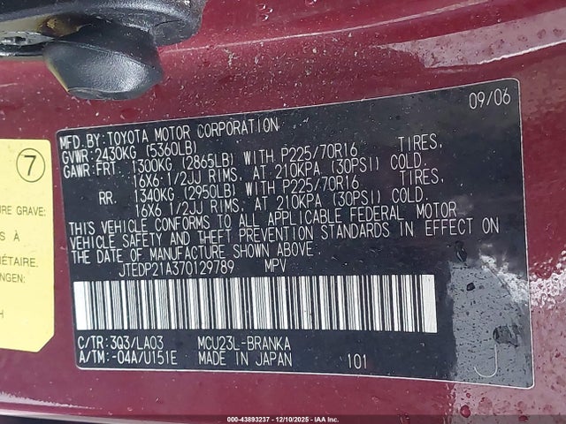 Aukcja sprzedaży 2007 Toyota Highlander 3rd Row, vin: JTEDP21A370129789, numer aukcji: 43893237