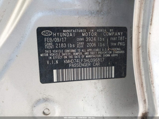 KMHD74LF3HU396817 Hyundai ELANTRA SE