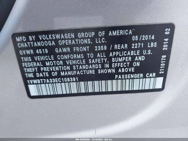Продаж на аукціоні авто 2014 Volkswagen Passat 1.8t Se, vin: 1VWBT7A33EC108391, номер лоту: 43893268