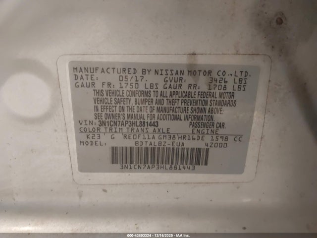 Aukcja sprzedaży 2017 Nissan Versa 1.6 Sv, vin: 3N1CN7AP3HL881443, numer aukcji: 43893324