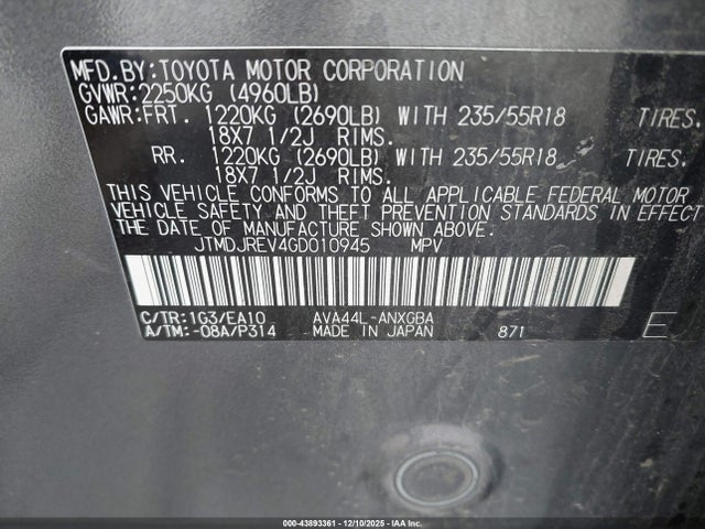 Продажа на аукционе авто 2016 Toyota Rav4 Hybrid Limited, vin: JTMDJREV4GD010945, номер лота: 43893361