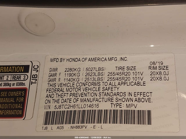 43893445 :رقم المزاد ، 5J8TC2H61LL014616 vin ، 2020 Acura Rdx A-spec Package مزاد بيع
