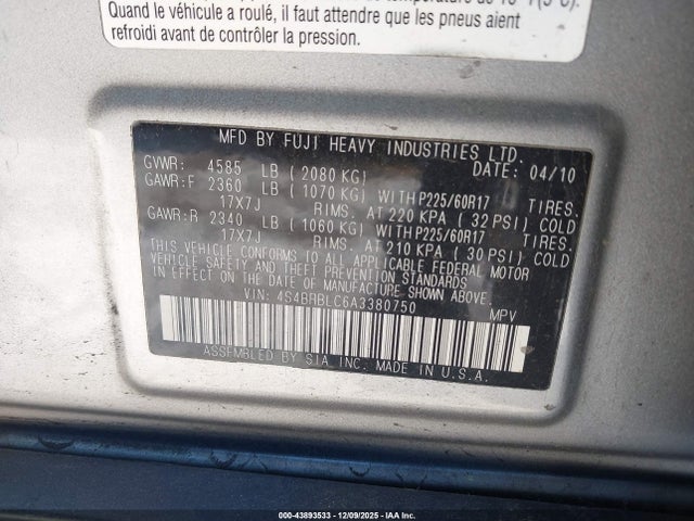 43893533 :رقم المزاد ، 4S4BRBLC6A3380750 vin ، 2010 Subaru Outback 2.5i Limited مزاد بيع