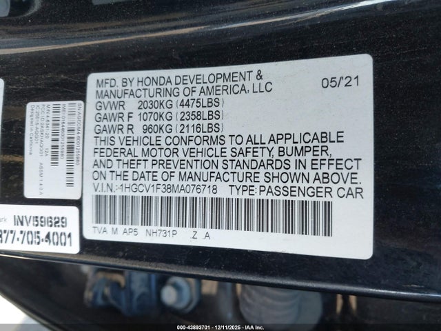 1HGCV1F38MA076718 Honda Accord Sport