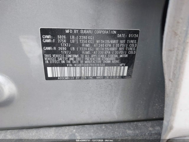 43893731 :رقم المزاد ، 4S4BTGUD7R3236500 vin ، 2024 Subaru Outback Wilderness مزاد بيع