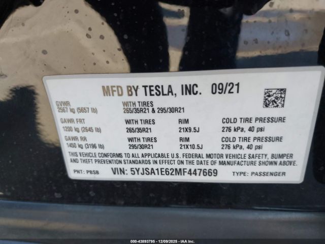 2021 TESLA MODEL S 5YJSA1E62MF447669 Photo 8