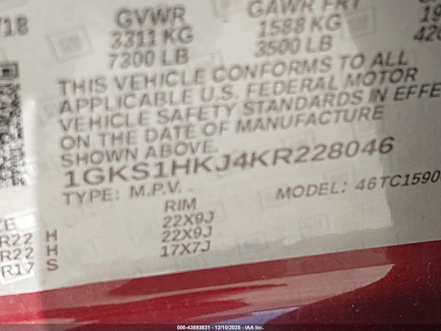 1GKS1HKJ4KR228046 GMC YUKON XL DENALI