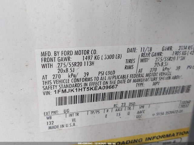 1FMJK1HT5KEA09667 Ford Expedition Max Xlt