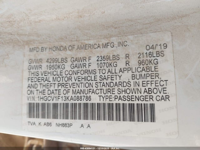 1HGCV1F13KA088786 Honda Accord
