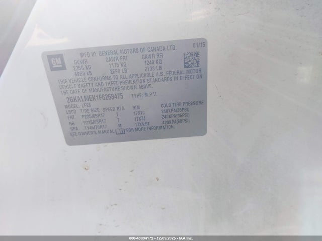 Aukcja sprzedaży 2015 Gmc Terrain Sle-1, vin: 2GKALMEK1F6268475, numer aukcji: 43894172