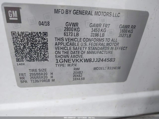 Продажа на аукционе авто 2018 Chevrolet Traverse High Country, vin: 1GNEVKKW8JJ244583, номер лота: 43894187