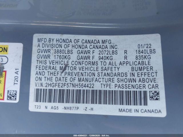 2022 HONDA CIVIC 2HGFE2F57NH564422 Photo 8