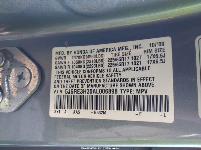 Продажа на аукционе авто 2010 Honda Cr-v Lx, vin: 5J6RE3H30AL006898, номер лота: 43894358