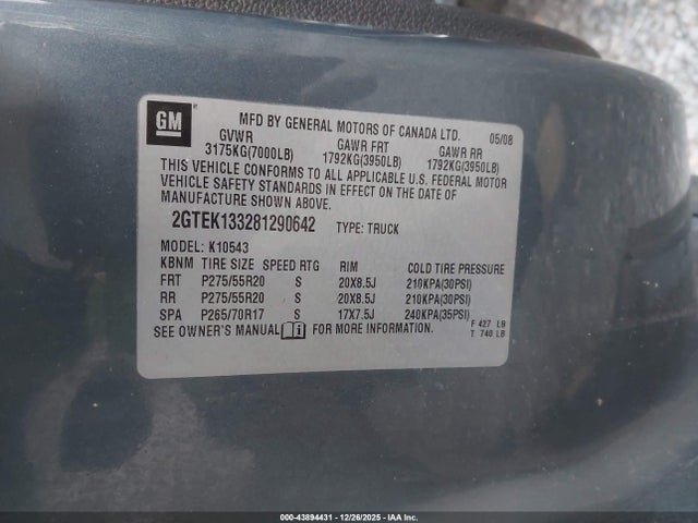 Продажа на аукционе авто 2008 Gmc Sierra 1500 Sle2, vin: 2GTEK133281290642, номер лота: 43894431