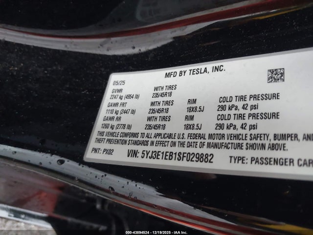 Aukcja sprzedaży 2025 Tesla Model 3 Long Range All-wheel Drive, vin: 5YJ3E1EB1SF029882, numer aukcji: 43894524