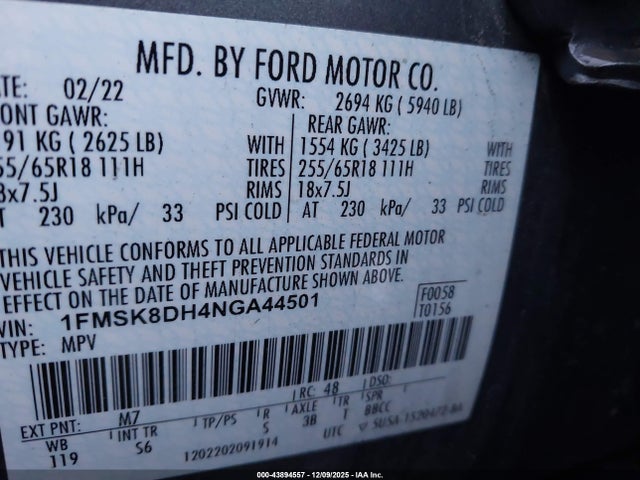 2022 Ford Explorer Xlt მანქანა იყიდება აუქციონზე, vin: 1FMSK8DH4NGA44501, აუქციონის ნომერი: 43894557