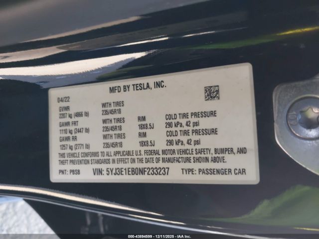 2022 TESLA MODEL 3 5YJ3E1EB0NF233237 Photo 8