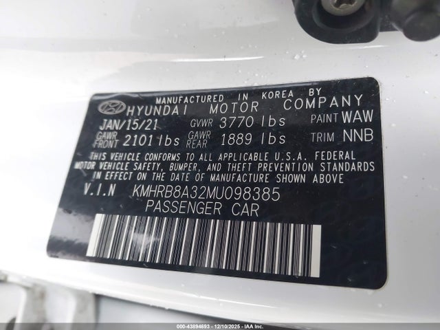 43894693 :رقم المزاد ، KMHRB8A32MU098385 vin ، 2021 Hyundai Venue Se مزاد بيع